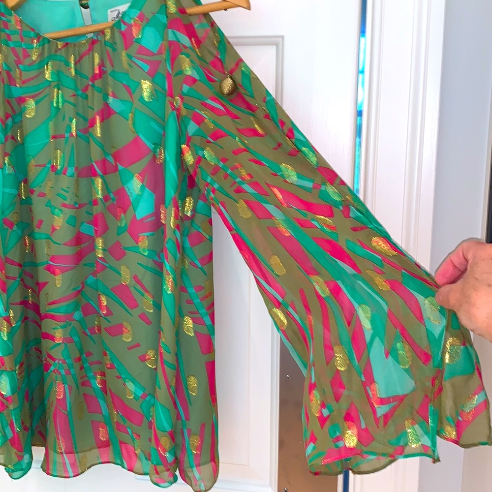Milly New York Blouse Resort Silk Tropical Green Pink Gold Womens Size 6 - Picture 13 of 16